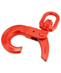 Dead Serious Heavy Duty Grade 80 Swivel Self Locking Hoist Hook With Eleven Thousand Pound Capacity and Rock Solid Drop Forged Steel Body, red finish, showing swivel eye design.