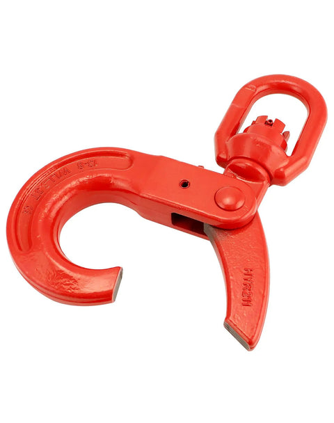 Dead Serious Heavy Duty Grade 80 Swivel Self Locking Hoist Hook With Eleven Thousand Pound Capacity and Rock Solid Drop Forged Steel Body, red finish, showing swivel eye design.