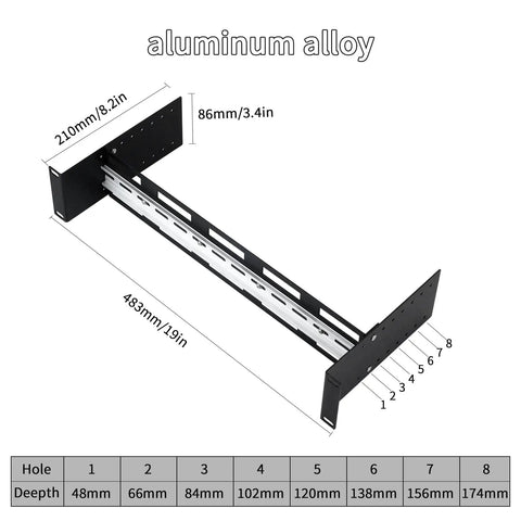 2U 19 Inch Rack Mount DIN Rail Kit Adjustable Depth 48 to 174 Millimeters Aluminum Rack Mount Bracket shown with measurements.