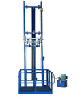No Sweat Hydraulic Lift Platform With Integrated Safety Rail For Squeeze Spaces And Tight Hallways, blue hydraulic lift with safety rail.
