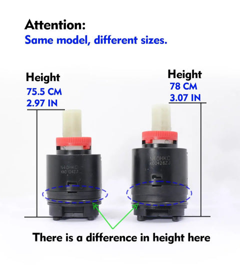 Side-by-side comparison of two N40HKC black shower cartridges for 40mm Shower Cartridge Replacement For Tub And Shower Faucets Black 2.97 Inch Tall 1.58 Inch Wide Ceramic Disc Fits Most 40mm Cartridges Easy Install Durable Brass Construction For Leak Free Performance, highlighting height differences.