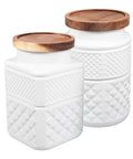 Premium Heavy Duty Frosted Glass Coffee Storage Jars With Airtight Wooden Lid That Lock In Flavor And Keep Your Daily Grinds Crisp While Adding Serious Cool To Your Kitchen, set of two white geometric canisters.