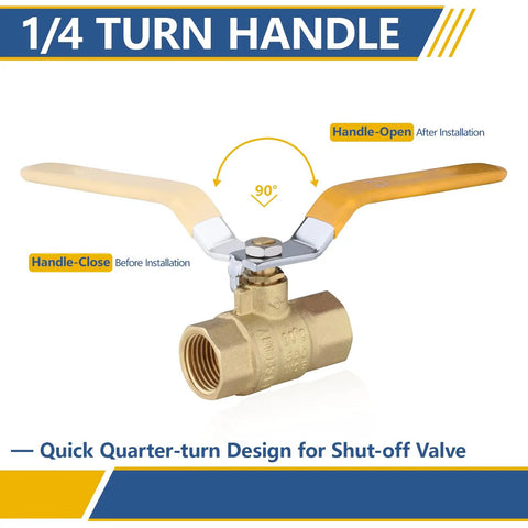 Three Quarter Inch Heavy Duty Full Port Brass Ball Valve 600 WOG FNPT FIP Threaded For Compressed Air Water Plumbing Or Oil Yellow Handle