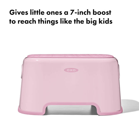 Rock Solid Toddler Step Stool With Sure Grip Rubber Base And Light Carry Handles in pink, 7-inch height for kids to reach counters safely.