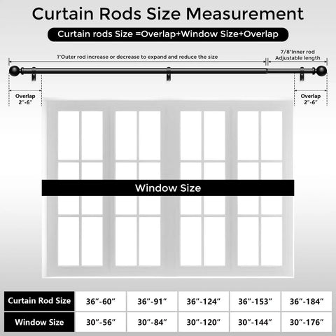 Curtain rod size measurement guide with 36-91 Inch Black Adjustable Curtain Rod 1 Inch Heavy Duty Telescoping Drapery Pole For Windows Modern Decorative Window Treatment No Tools Required Quick And Easy Installation.