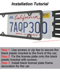 Installation guide for Universal Front License Plate Bracket For SUV And Truck, stainless frame with plastic surround, step-by-step instructions