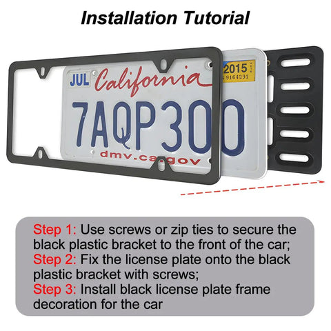 Installation guide for Universal Front License Plate Bracket For SUV And Truck, stainless frame with plastic surround, step-by-step instructions