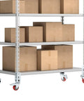 Three Inch Caster Wheels For Boltless Shelving Racks, 500 Lb Load Capacity Per Wheel, shown installed on a storage rack.