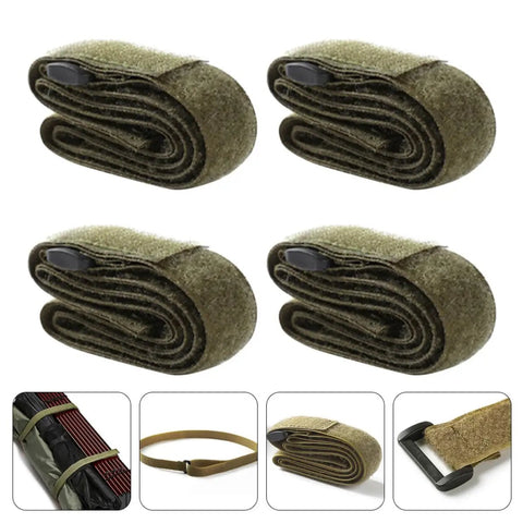 Heavy Duty Ratchet Tie Down Straps Pack Of Four To Boss Down Your Luggage Gear And Cargo On Outdoor Camping Trips With Tough Polyester Webbing And Rock Solid Load Holding Power, rolled straps in green.