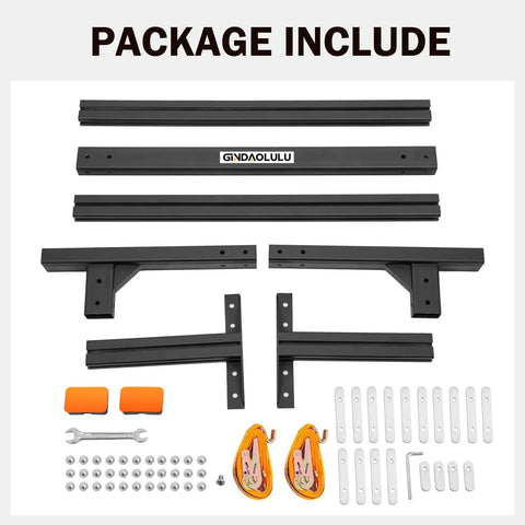 Beefy Aluminum Trailer Roof Ladder Rack Extends From 6 Feet To 8.2 Feet With 800 Lb Capacity, Adjustable Height 21.4 To 33 Inches, Includes Two Straps For Universal Enclosed Or Open Trailers, Heavy Duty Gear For Any Truck Bed. package contents with rack parts and straps