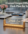 Custom Desk Name Plate With LED Wood Base, Light Up Acrylic Name Plate For Desk And Office Sign, Personalize With Name Or Title