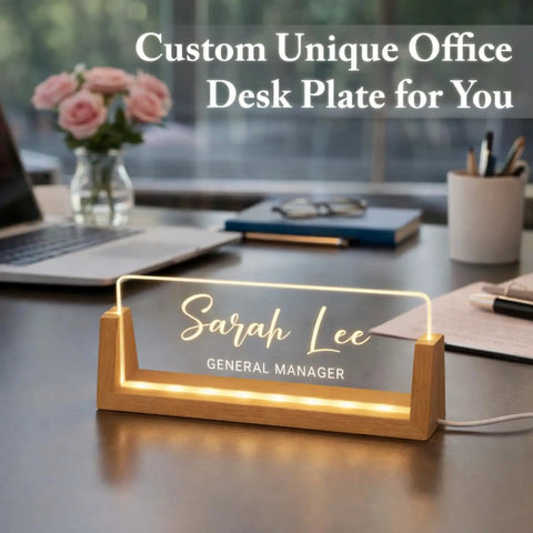 Custom Desk Name Plate With LED Wood Base, Light Up Acrylic Name Plate For Desk And Office Sign, Personalize With Name Or Title