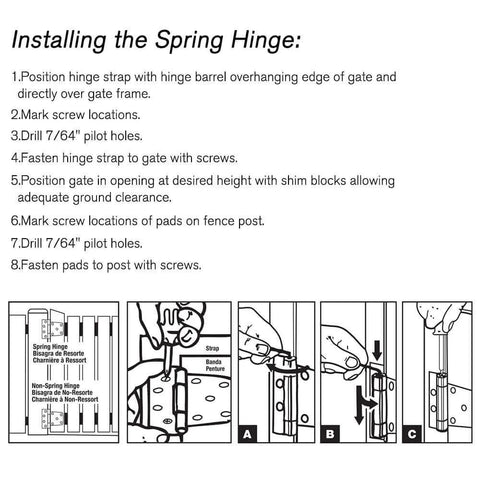 Diagram showing installation steps for the Self Closing Gate Hardware Kit with Self Locking Gate Latch and Hinges.
