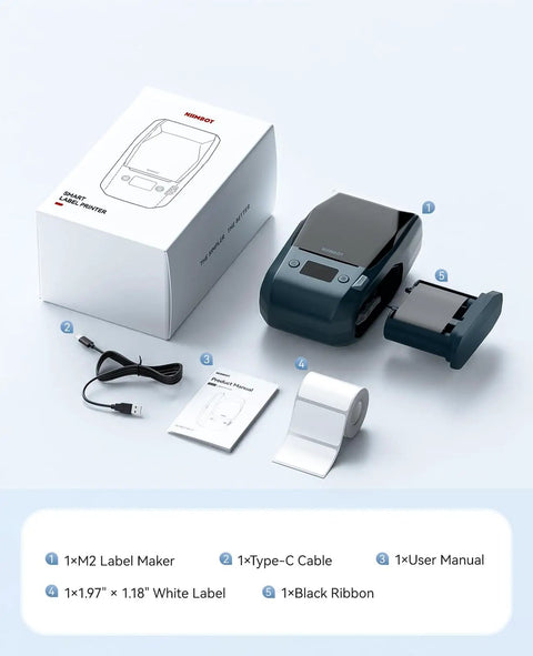 M2 300 Dpi Thermal Transfer Label Maker For Waterproof Barcodes And QR Codes Built Different With Crisp Graphics and Solid Build Quality, showing components and packaging.