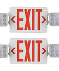 Emergency Exit Sign With Battery Backup 2 Pack Dual Adjustable LED Heads Fire Retardant ABS Housing mounted on white background