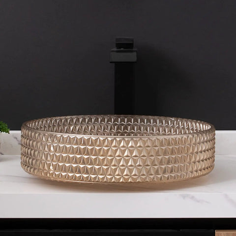 Bathroom Vessel Sink Crystal Glass Vessel Bowl Sink Light Brown Round Vessel Sink with patterned design on countertop.