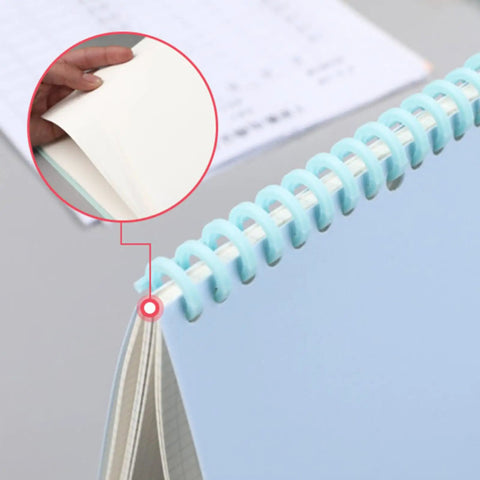 Close-up of a blue discbound notebook showing clean punch holes and spiral ring from the 30 Hole Paper Punch For Discbound Notebooks And Journals With Loose Leaf Compatibility Adjustable Spiral Hole Puncher That Handles Up To 5 Sheets Works With A4 A5 B5 B6 A6 And More Planner Binder Tool For Quick Clean Holes.