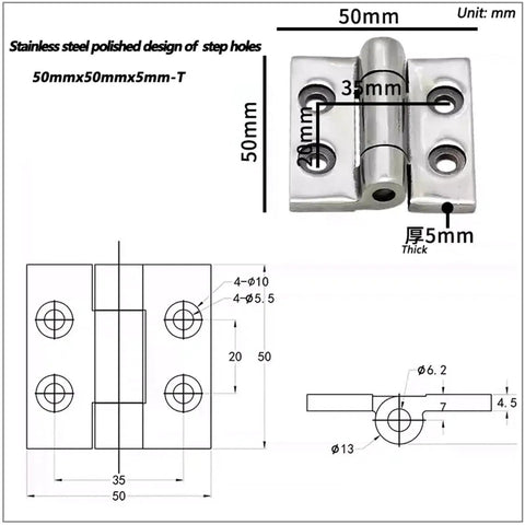 Technical drawing of Beefy Heavy Duty Stainless Steel Hinges For Electrical Gear And Industrial Hardware, 50x50x5mm T Profile.