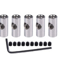 Front view of 5pc steel motor shaft sleeve adapters with set screws and Allen wrench for RC motors