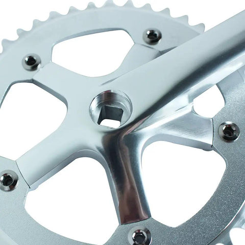 Close-up of Fixed Gear Crankset 44T 170mm Aluminum Alloy For Single Speed Bikes showing chainring and crank arm in silver finish.