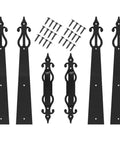 Top Shelf Garage Door Hardware Kit With Heavy Duty Handles And Smart Hinges For Dead Smooth Silent Operation And Rock Solid Steel Build, featuring black metal handles and brackets with screws.