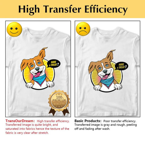 Comparison of two T-shirts showing high vs. poor transfer efficiency using Light 1.0 Heat Transfer Paper For T Shirts, 20 Sheets 8.5 By 11 Inches.