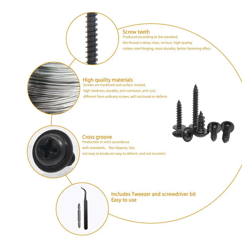 Real Deal Heavy Duty 400 Piece Black Carbon Steel Self Tapping Screws Assortment Kit with detailed features description.