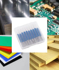 10Pcs Nano Blue Coated 10 Degree V Bit Engraving Router Bits Set For PCB Wood Plastic Lettering Sign Making 0.1mm Tip 0.004 Inch Carbide CNC Bits With 3.175mm Shank One Eighth Inch in case, displayed with materials for use
