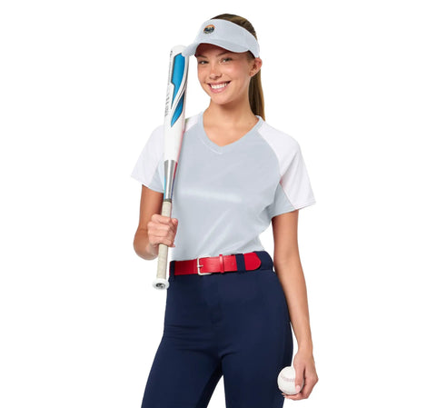Cool White Sun Visor For Machinists With Vise Gauge Square Tool Design Perfect Gift For Adult CNC Guys Who Love Gear And Sports Fashion One Size Fits All worn by a smiling woman holding a bat.