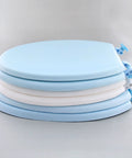 Smooth As Butter Soft Closing Square Toilet Seat With Quick Release Hinges And Stainless Steel Adjustable Hardware stacked in blue and white colors.