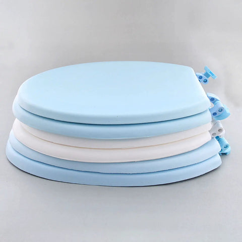 Smooth As Butter Soft Closing Square Toilet Seat With Quick Release Hinges And Stainless Steel Adjustable Hardware stacked in blue and white colors.