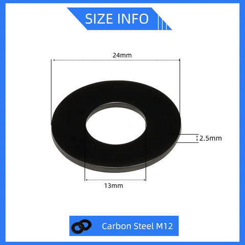M12 Fender Washers And Flat Washer 24mm Outer Diameter 2.5mm Thick Black Oxide Steel Gasket single view with dimensions