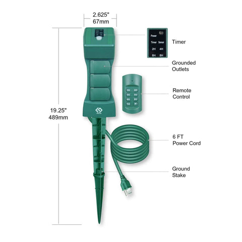 Heavy Duty Outdoor Power Stake With Remote Timer And Photocell Sensor Three Grounded Weatherproof Outlets For Christmas Decorations with remote control