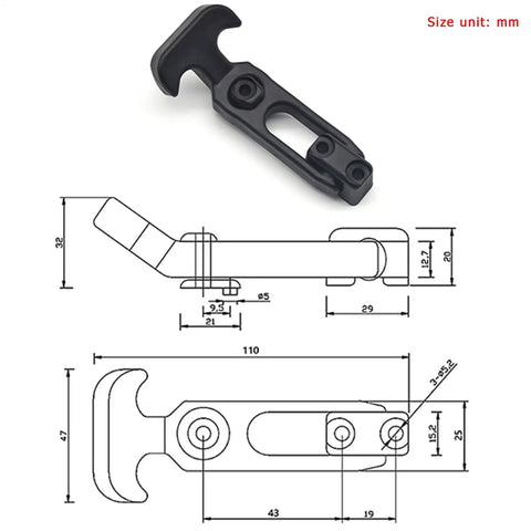 Rock Solid Rubber Hood Catch Latches With Mounting Brackets for reliable flexible locking, shown with detailed measurements.
