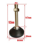 Heavy Duty Adjustable Leveling Feet With Premium Rubber Boots Rock Solid Carbon Steel Machine Legs to Kill The Shake showing dimensions and details.