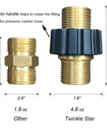 Twinkle Star M22 pressure washer hose quick connector; two brass fittings shown, one with black grip, front view.