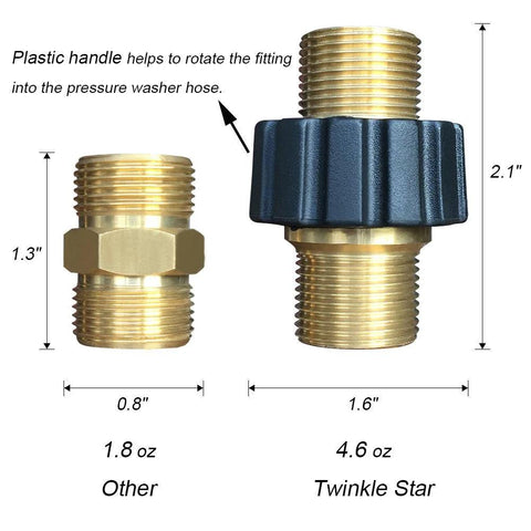 Twinkle Star M22 pressure washer hose quick connector; two brass fittings shown, one with black grip, front view.