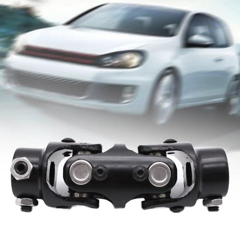 Upgrade Your Ride With This Super Strong 3/4 By 3/4 Inch Double Steering U Joint Universal Shaft Coupler Built From Premium Metal For Smooth Driving And Long Lasting Performance On Any Car Or Truck. Black metal double steering U joint coupler with car in background