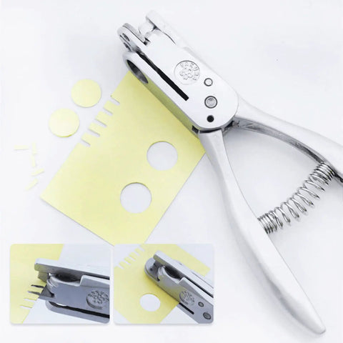 Hand Held Slot And Thirteen Millimeter Round Hole Punch Tool 2-In-1 Diy Puncher showing holes in yellow card stock