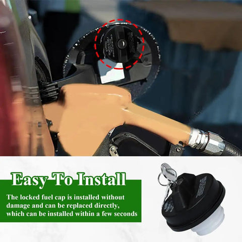 Locking Gas Cap With Key For Theft Prevention And Solid Seal installed on a vehicle, close-up of ABS plastic cap cover and fuel nozzle connection.
