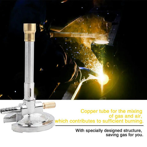 Gas Bunsen Burner With Copper Tube Micro Design For Laboratory Use Liquid Gas Fueled Light Burner Adjustable Flame Safe High Temperature Heating Tool For Science Labs, showing detailed copper tube and adjustable base in lab setting.