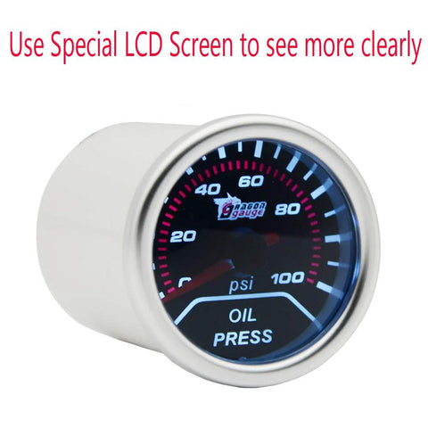 Automotive oil pressure gauge, 2-inch (52mm) dial, blue face, metal bezel, Dragon Gauge logo