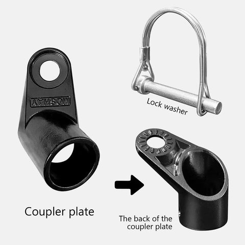 Upgraded Bike Trailer Coupler Attachment Angled Elbow For Instep And Schwinn Trailers showing coupler plate and lock washer