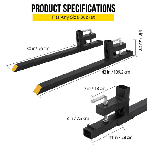 Specifications of 43 Inch Clamp On Pallet Forks For Bucket Attachments Heavy Duty Built Tough For Real World Jobs 2500 Lbs Capacity