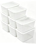 Kick The Junk Clutter Aside With These Ridiculously Spacious Clear Plastic Storage Containers Featuring Hassle Free Snap On Lids Straight Outta The Box Ready To Tame Your Garage Tools And Closet Stash Massive 58 Quart Capacity 8 Pack Included stacked in a pyramid arrangement.