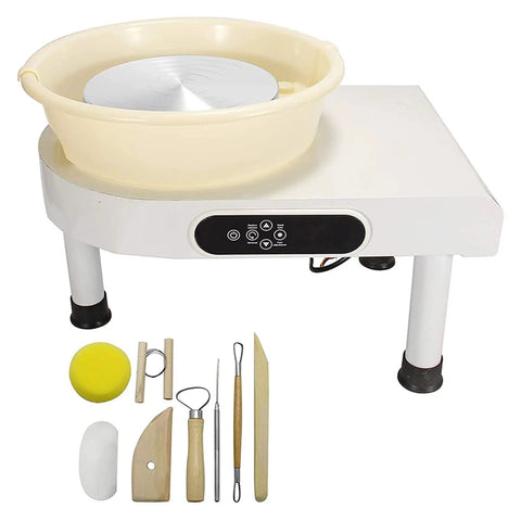 Top Notch 350W Electric Ceramic Pottery Wheel Machine With Aluminum Alloy Turntable And LCD Touch Screen For Beginners DIY Clay Crafting Projects Light Grey Color with tools and bucket.