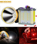 Dimensions of Beast Mode Bright 90000 Lumen Hunting Headlamp With 9 Core Wide Beam, showing headlamp size and camping usage.