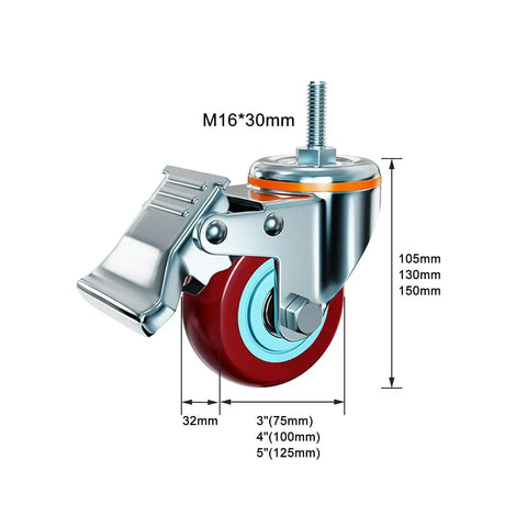 Heavy Duty Swivel Caster Wheels With Brake No Squeak Quiet PU Castors, 5-inch size, with measurements and top plate mount.