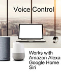 Front view of a voice-control banner showing Amazon Echo speaker and smartwatch; Alexa/Google/Siri compatibility