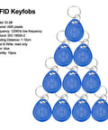 Ten blue RFID keyfobs arranged in a pyramid, made of ABS plastic for the Knockout Standalone Door Access Control Kit.
